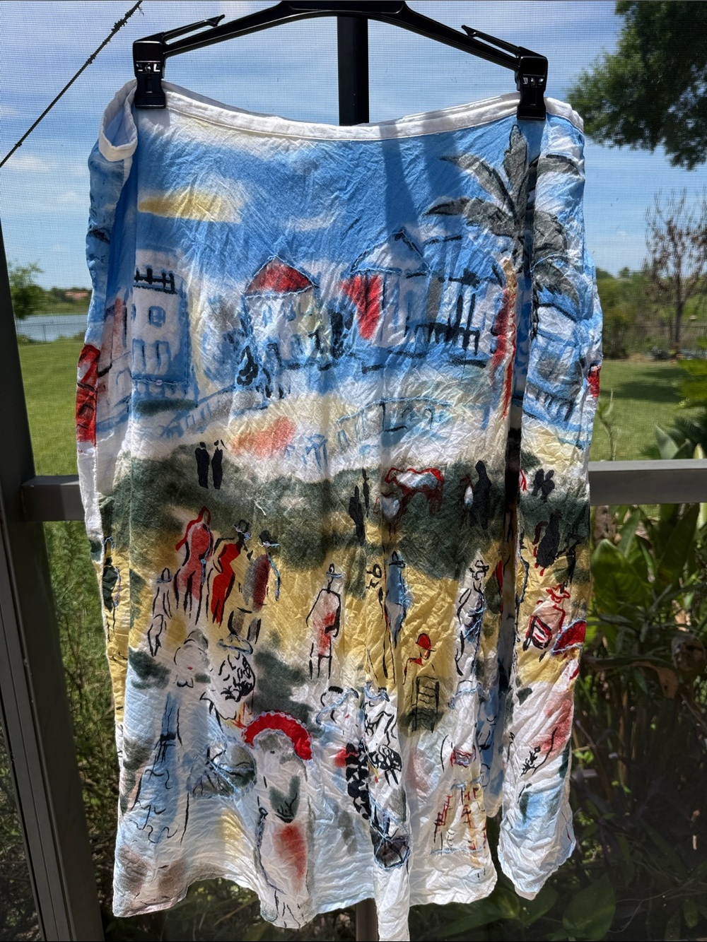 Hand-Painted Coastal Maxi Skirt in Blue, White and Multicolor